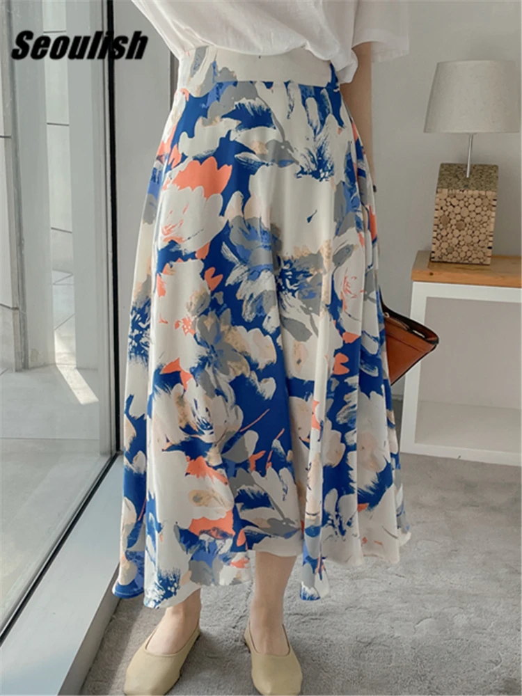 Seoulish New 2022 Oil Painting Printed Tulle Mi-long Women Skirts Spring Summer High Waist Loose Female Umbrella Skirts Ladies