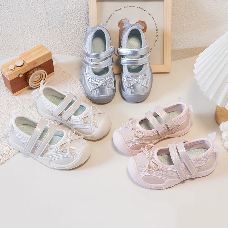 Little Girls Bow Mesh Sneakers, Dual Hook & Loop Straps, Breathable Upper, Non Slip Soft Sole Shoes for Daily Outdoor Wear