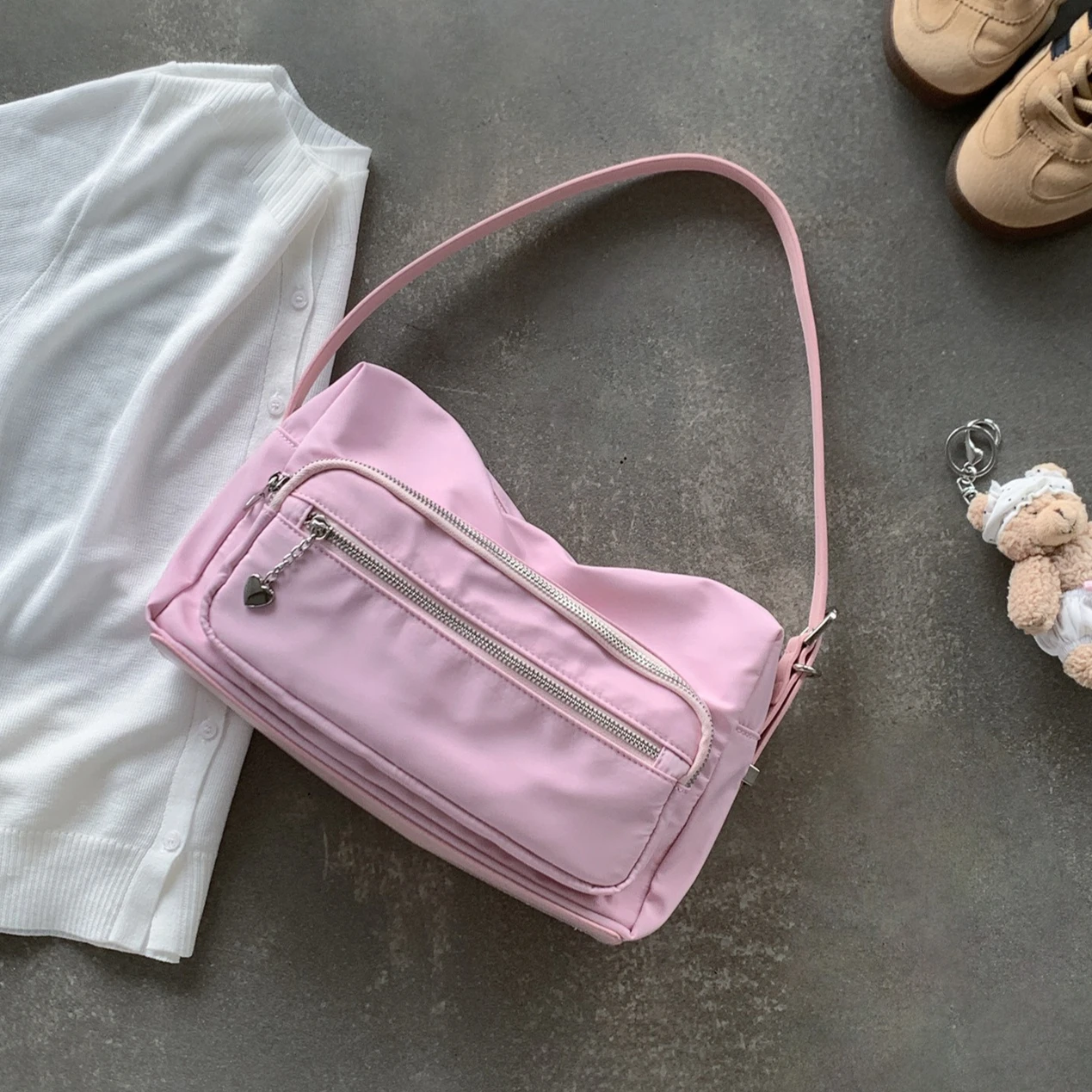 Women Multiple Zippers Shoulder Bag Fashion Nylon Big Handbag Underarm Bag Large Capacity Commute Totes for Going Out Shopping