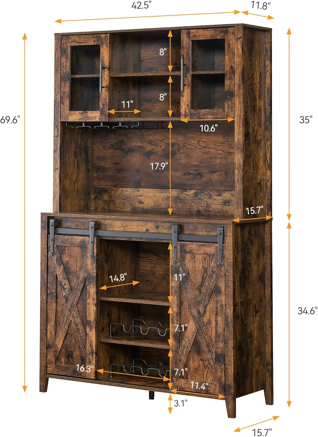 IDEALHOUSE boerderij koffiebarkast met schuifdeur, 72 inch hoge buffetkast met opbergplanken, drankkast