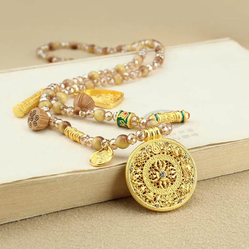 DIY accessories New Chinese style imitation golden tiger eye long necklace women's retro gold disc pendant sweater chain ethnic