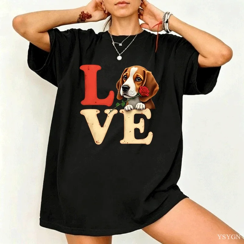 Fashion Womens Cartoon Dog Hound Print Short-sleeved T-shirt Casual Crew-neck Top Wide Kawaii Clothes Harajuku Oversized Tee