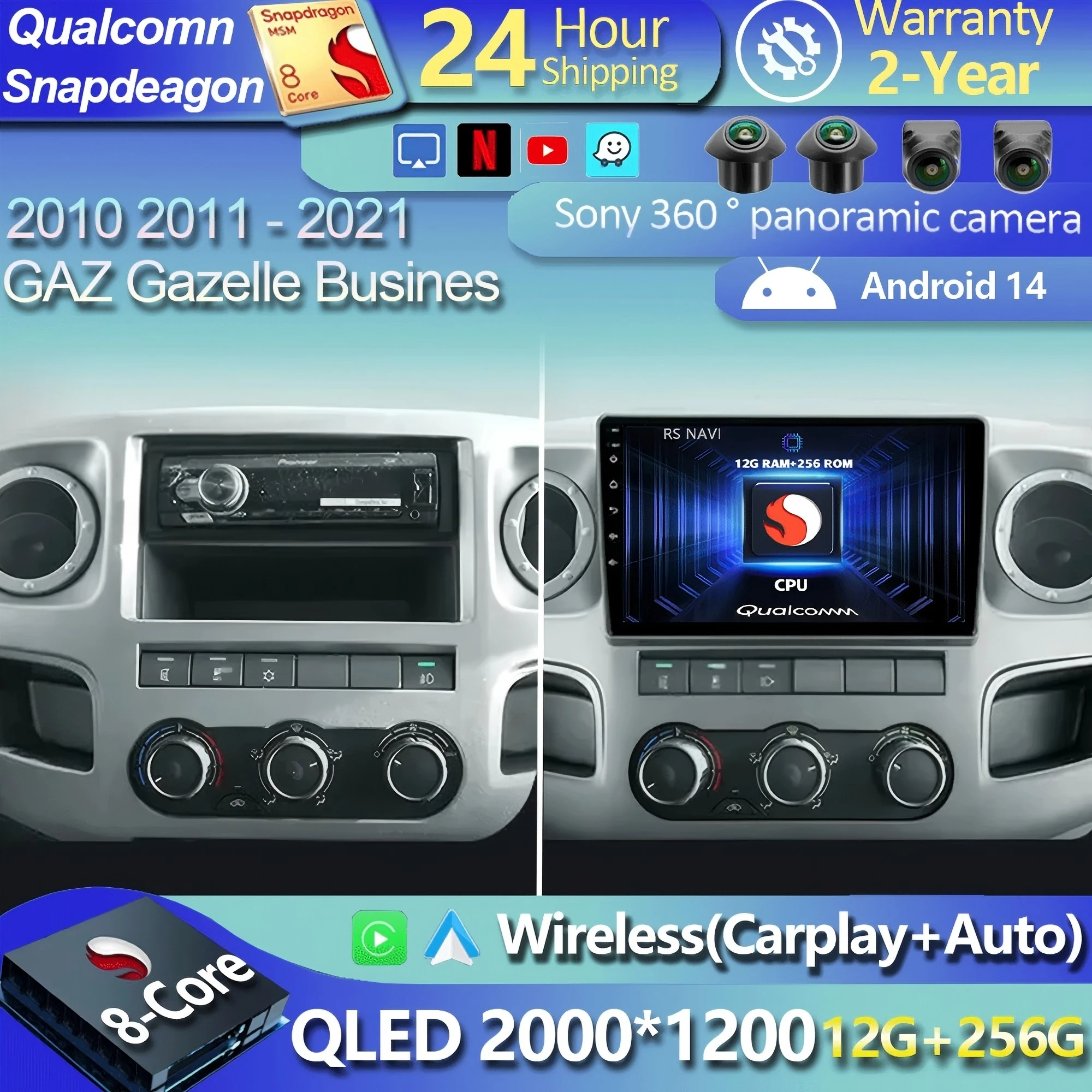 Android 16 Carplay Auto GPS Navigation Multimedia Player For GAZ Gazelle Busines 2010 - 2021 2din Player wifi+4G video Car radio
