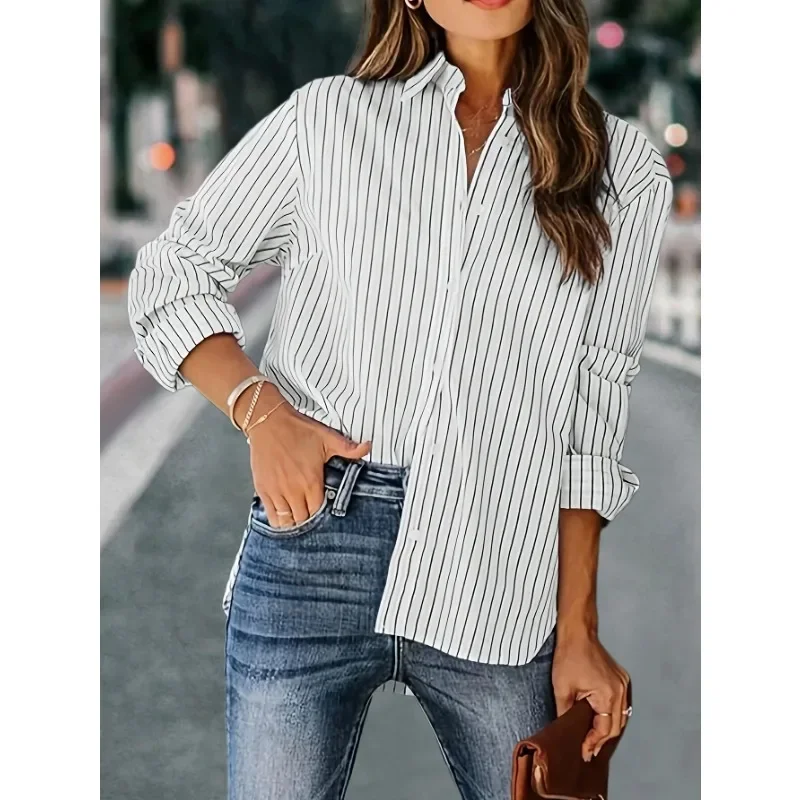 

Плюс размер 1XL-5XL, женская модная полосатая блузка с принтом спереди, модная и универсальная повседневная рубашка с длинными рукавами, топ