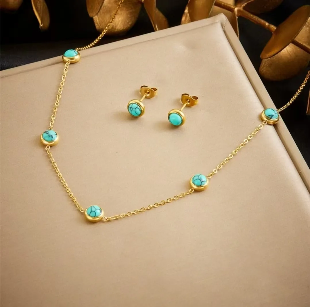 Conjunto de joias retrô turquesa transfronteiriço: corrente de clavícula, brincos redondos, pulseira e colar, da Europa e América