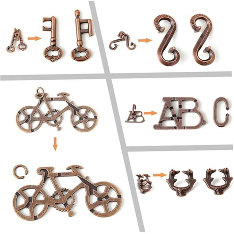 Retro Magic IQ Metal Brain Teaser Puzzles Set 5PCS Entsperren Interlock Game Mind Logic & Skill Development Lernspielzeug