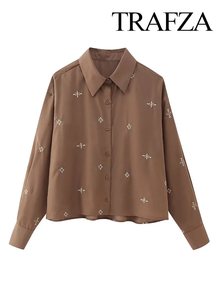 TRAFZA 2023 Fashion Women Embroidery Casual Smock Blouse Office Female Long Sleeve Lapel Buttons Shirt Chic Blusas Tops Mujer