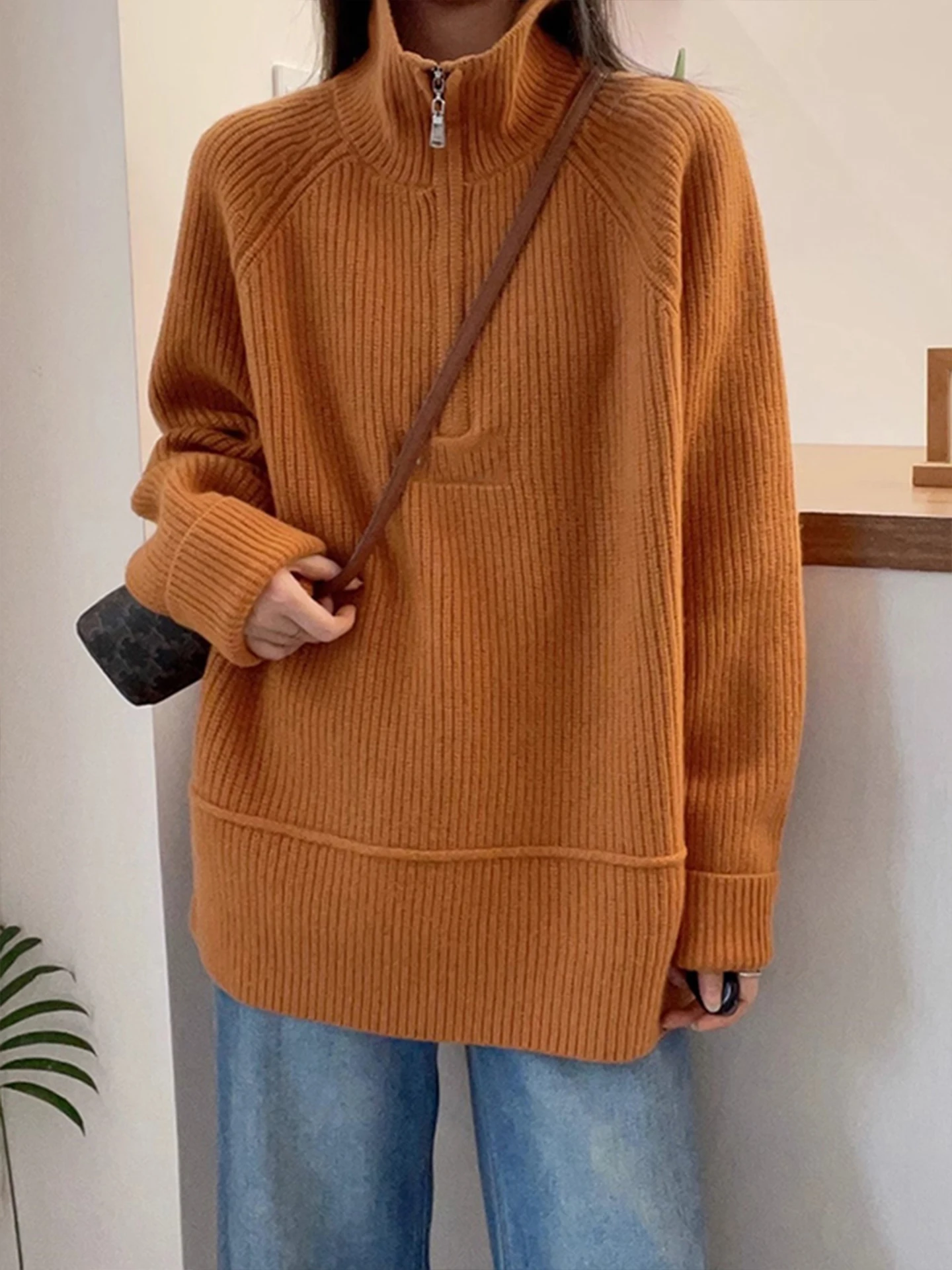 

Loose Knitted Camere Long Sve f Zip up Sweater Thi Warm Winter Faion Simple Elegance Commute Sle Korean Version