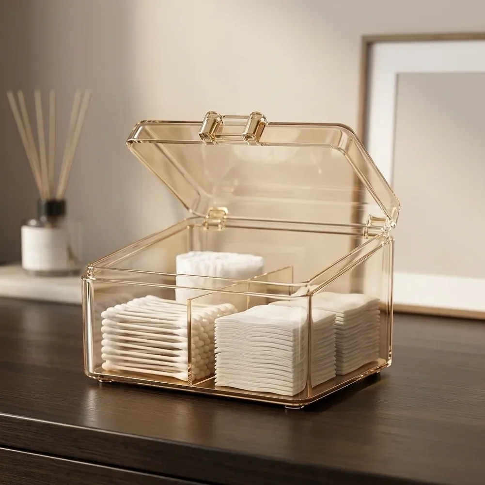 1Pcs Cotton Swab Organizer With Hinged Lid Dust Storage Box For Bathroom Vanity Q Tip Cotton Pad Small Sundry Household Desktop