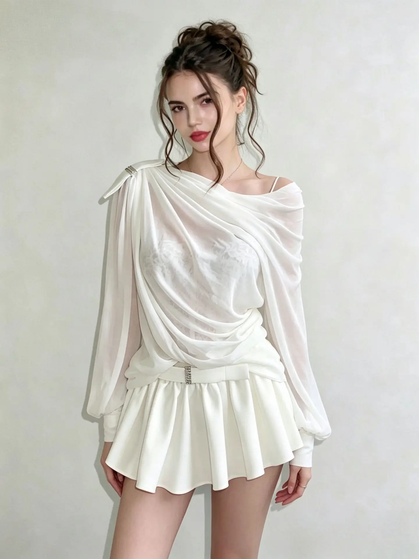 

Women’s Sexy Chiffon Set Slash Collar Full Sleeves Mesh Pullover Tide + High Waist Mini Skirt 2pieces Set Birthday Party Outfit