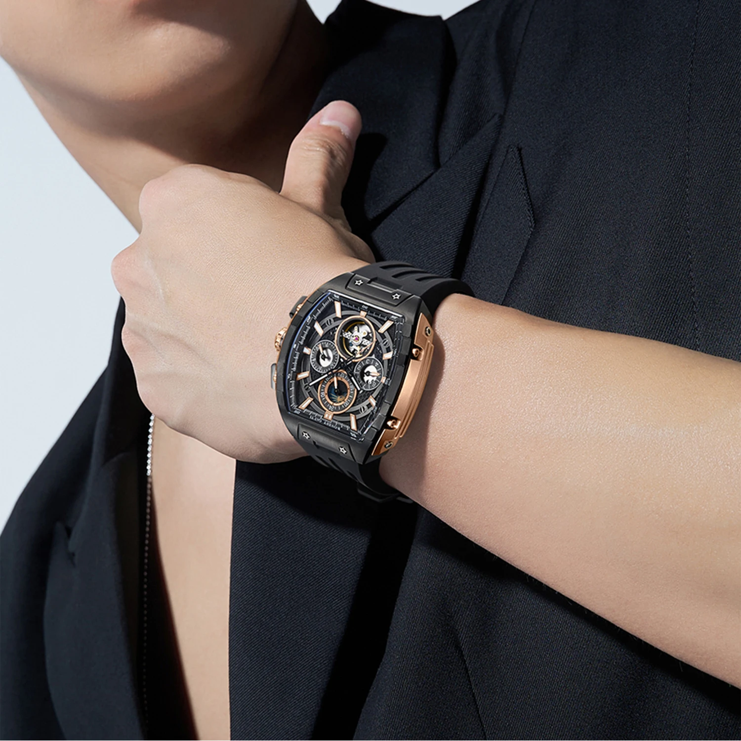 BONEST GATTI ساعة أوتوماتيكية للرجال Tonneau ساعة يد ميكانيكية مقاومة للماء الياقوت مضيئة تاريخ الأسبوع 24 ساعة حزام مطاطي فلوري