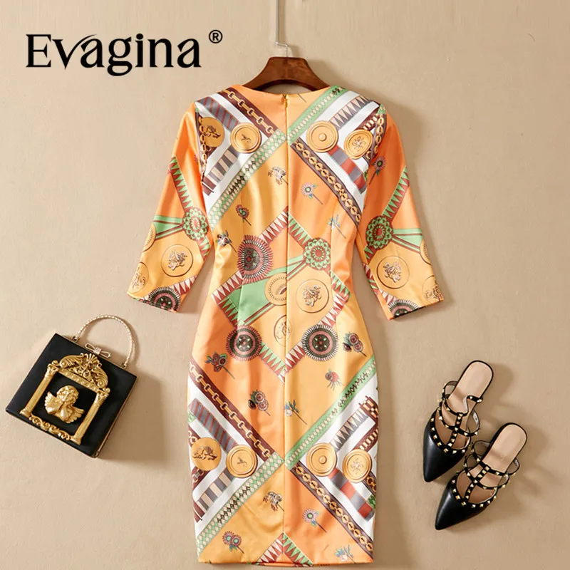 Evagina New Fashion Runway Designer Dress Women's O-Neck Half Sleeved Printing High Street Orange S-XXL Mini Dresses