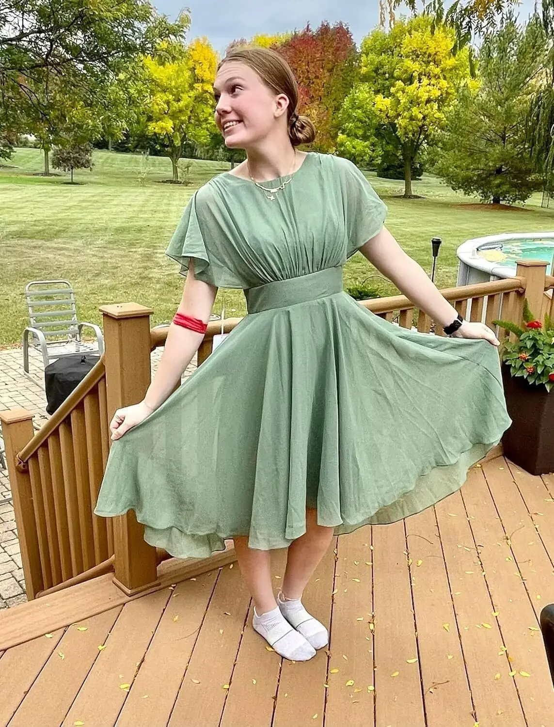 A-Linie Brautjungfernkleider mit U-Ausschnitt und Taschen, kurze Cocktail-Kleider aus Chiffon, formelle Kleider für Hochzeitsgäste