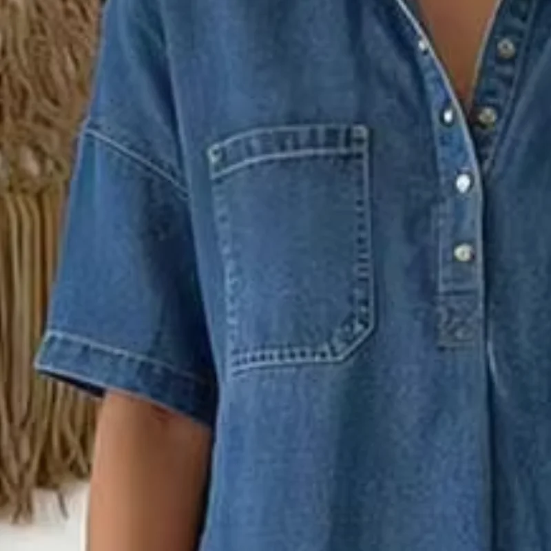 

Retro Denim Skirt Dress Casual Comfortable Short Sleeve Button Up Jean Midi Dress A-Line Long Dress with Pockets