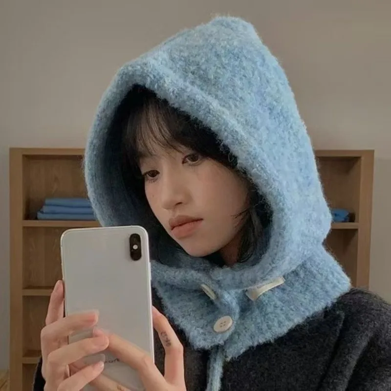Korean Casual Solid Style Knitted Balaclava Hat for Women Winter Warm Earflap Ushanka Cap Scarf Integrated Hooded Ski