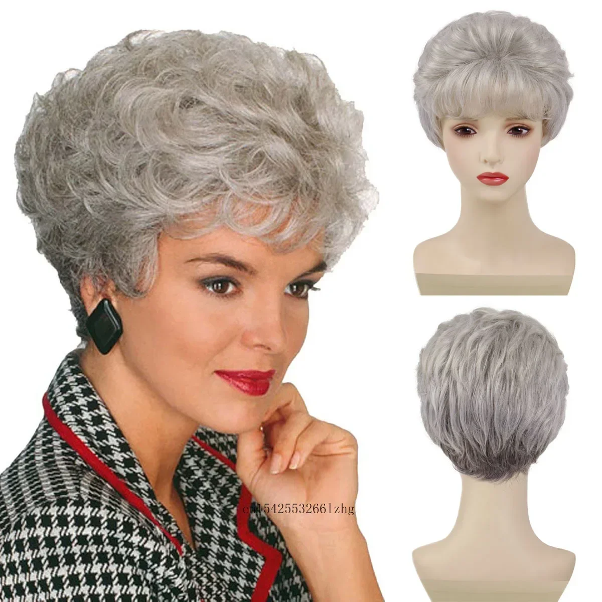 

Premium Synthetic Elder Women Wig Short Grey Wig for Women Curly Hair with Bangs Natural Soft Cosplay Mommy Old Lady Costume