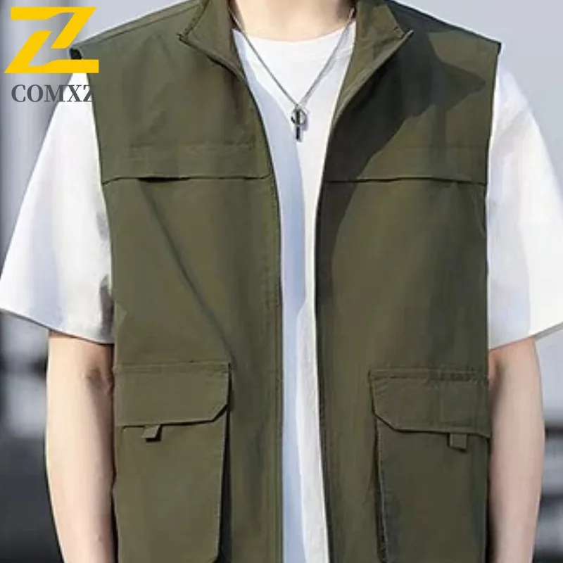 

COMXZ Men Outdoor Utility Vest Spring Autumn 3D Pocket Sleeveless Casual Workwear Waistcoat Streetwear Lightweight Hiking Jacket