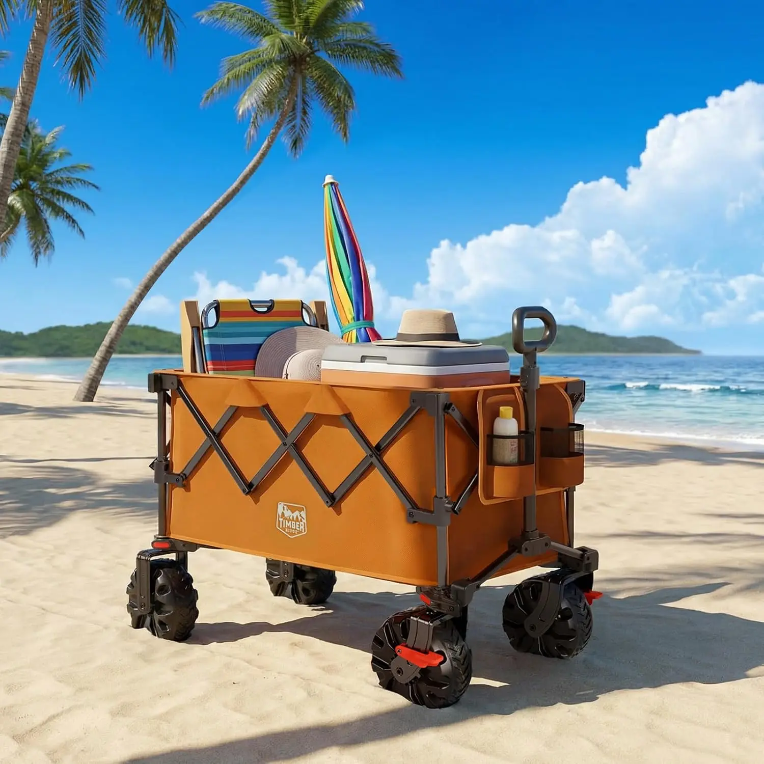 Heavy Duty 500 lbs Utility Wagon Cart with All Terrain Wheels, Outdoor Collapsible Folding Design, Brakes and Cup Holders, Orange, for Camping Shopping Garden Sports
