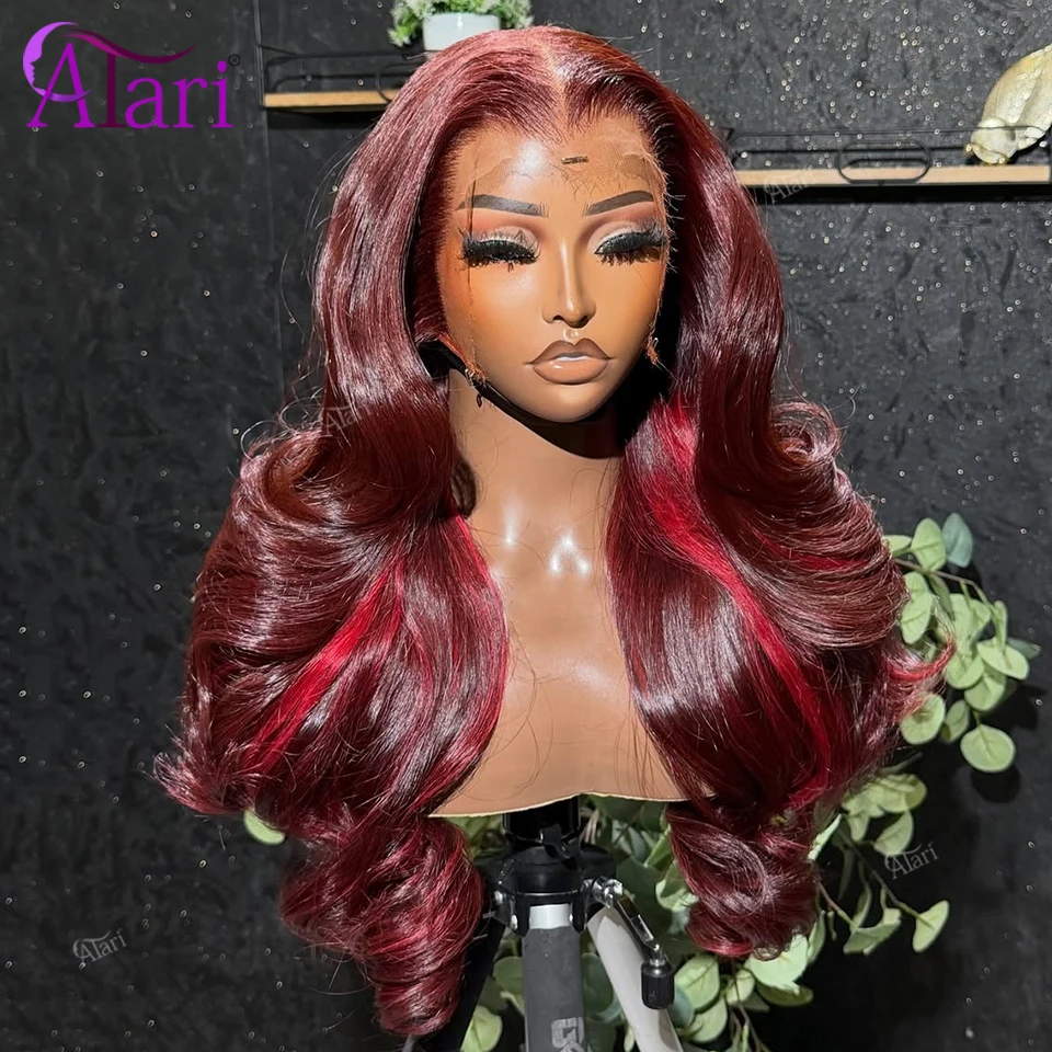

Burgundy Silk Red Highlights Body Wave Human Hair Wigs Transparent 13X6 13X4 Remy Hair Lace Frontal Dark Breey 99J Wig Pre Pluck