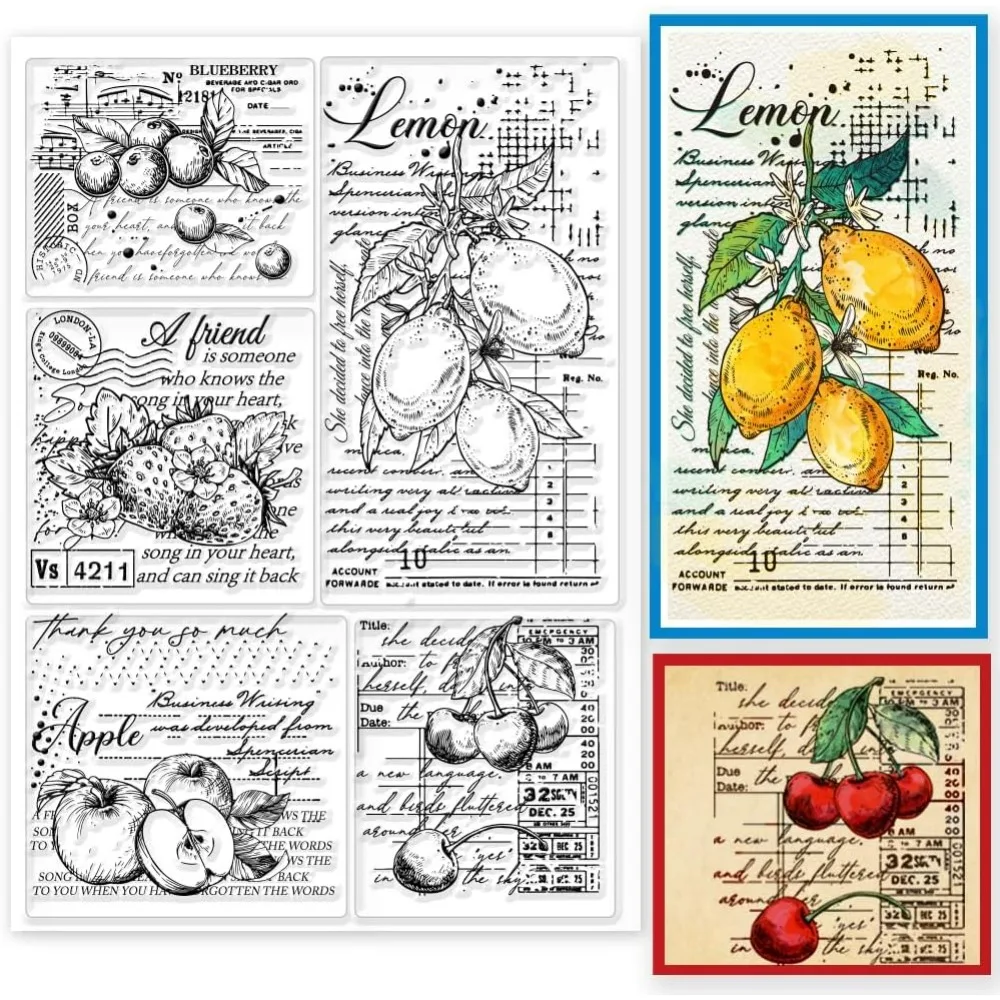 Vintage Fruit Background Grunge Clear Stamps for DIY Scrapbooking Retro Words Silicone Clear Stamp Seals 21x15cm Transparent