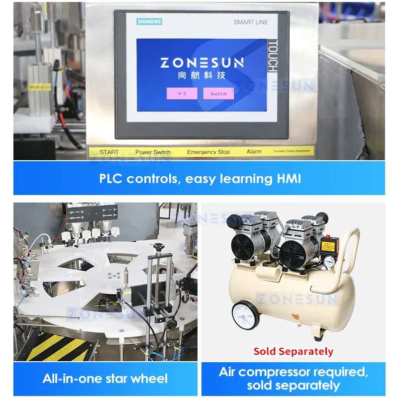 ZONESUN Tappatrice automatica per riempimento bottiglie di profumo Attrezzatura per imballaggio personalizzata Star Wheel Alimentatore per ciotole vibranti ZS-AFC21