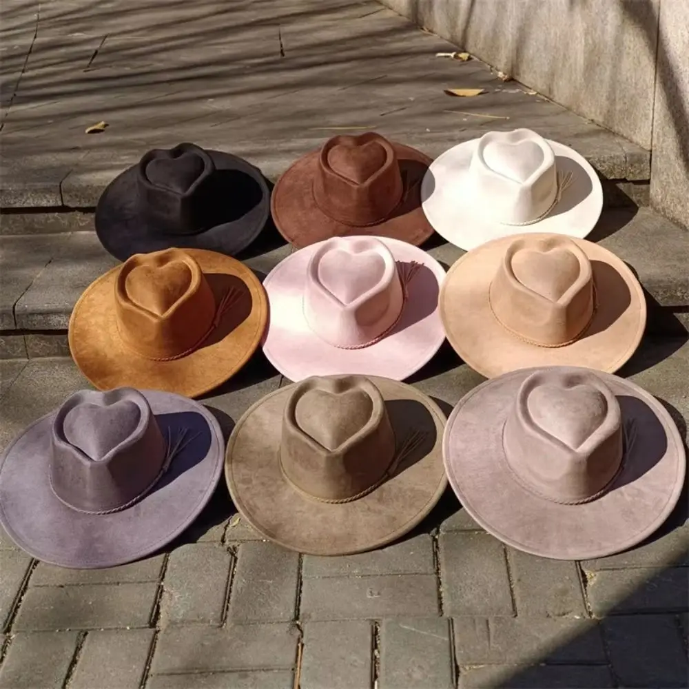 Modischer Herz-Design Veganer Wildleder-Hut mit Breiter Krempe, Schlichter Stil, Breiter Rand Fedora-Hut