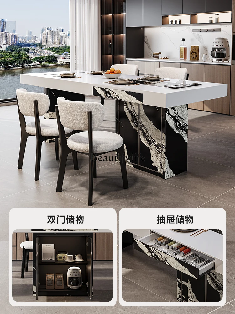 

04**Rock slab color matching island dining table integrated Italian minimalist custom home with storage