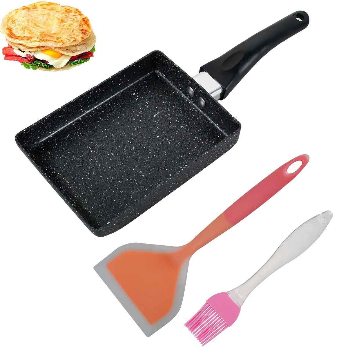 Tamagoyaki-Pfanne mit Silikonspatel und Ölbürste, antihaftbeschichtet, japanische Omelettpfanne, rechteckige Bratpfanne, Eierrollpfanne, Kochgeschirr