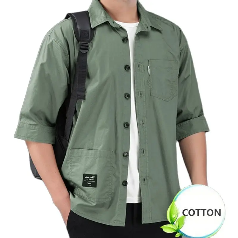 100% Cotton Summer Fashion Men\'s Casual Shirt Three Quarter Sleeve Multi Pocket Cargo Blouse Comfortable Thin Basical Daily Tops