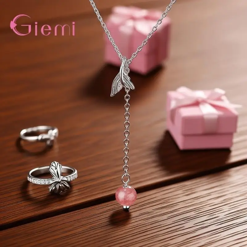Charm 925 Sterling Silver Fish Tail Strawberry Quartz Pendant Necklaces for Women Girls Anniversary Party Fashion Jewelry Gifts