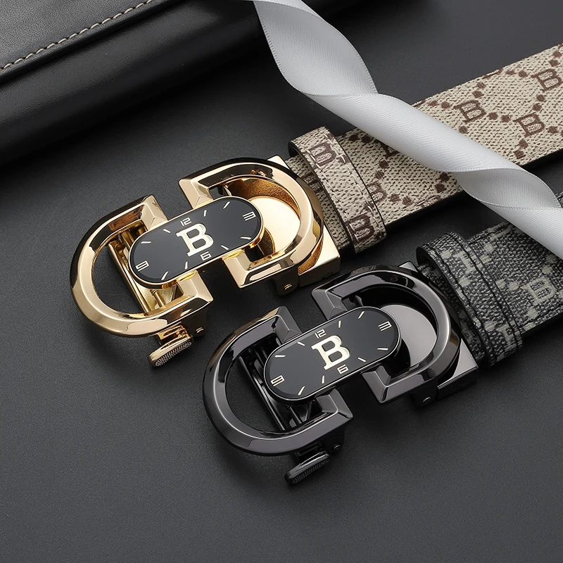 Luxury Letter B Auto Buckle Men Belt Vintage Allover Print PU Leather Waistband Business Casual Male Trouser Belt