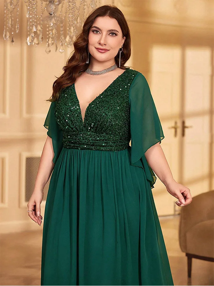 Plus Size Chiffon V-Neck Sequined Bridesmaid Evening Dress 4xl5xl Big Size Wedding Banquet Luxury Floor-Length Evening Dress