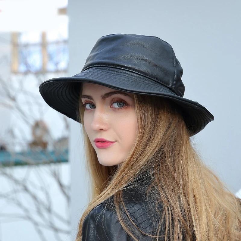 Vintage Black Genuine Leather Bucket Hat Sheepskin Fisherman Hat Casual Unisex Real Leather Cap Spring Autumn Fashion Headwear