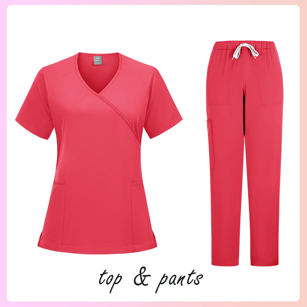 Nuovo Scrub Set Uniformi mediche Scrub elasticizzato Top con pantaloni tascabili Uniforme da infermiera Tuta da medico per chirurgia Abbigliamento da lavoro per salone di bellezza