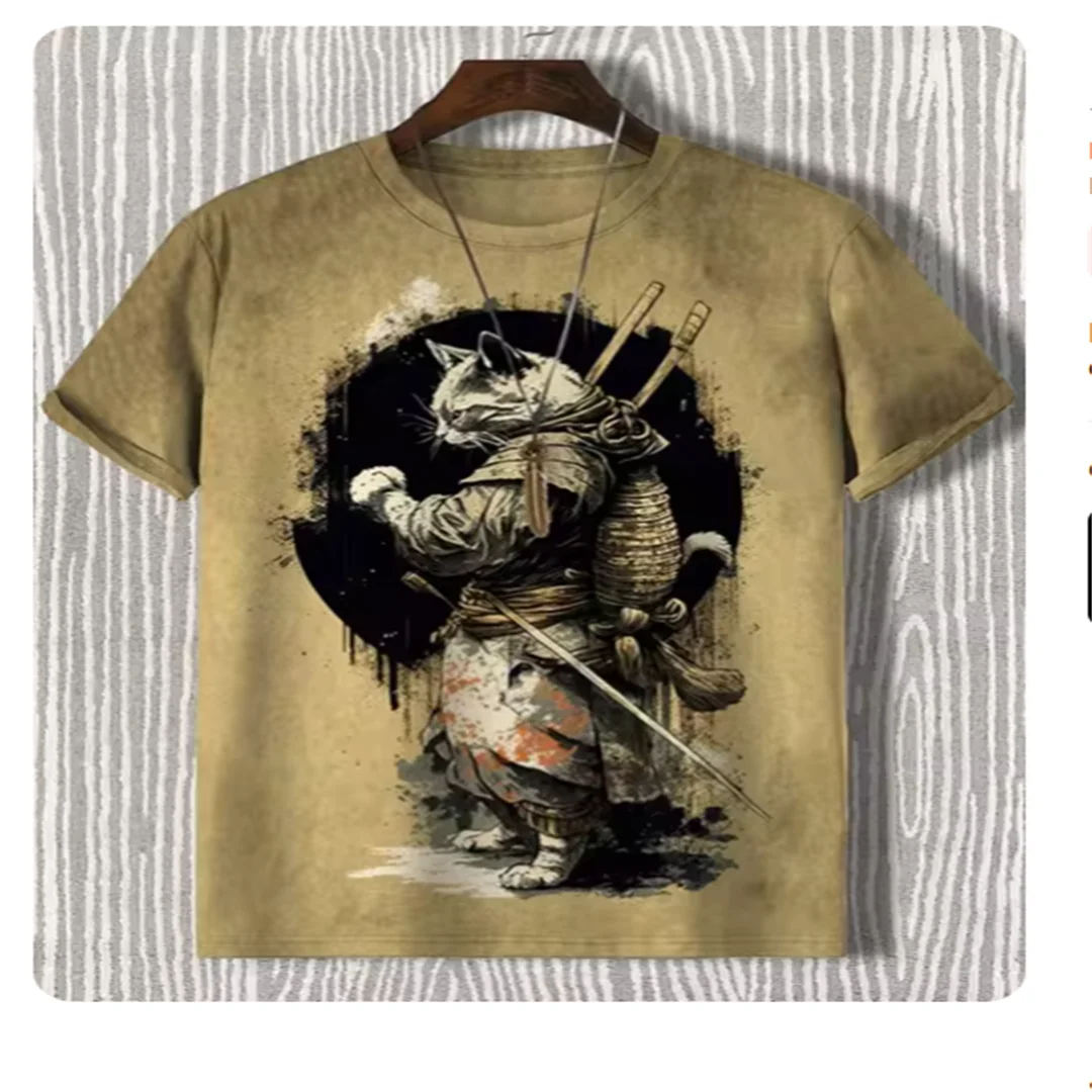 

Men's T-Shirt Japanese Style Samurai Cat Graphic 3D Printed T-Shirt Casual Short Sleeved Tee Outdoor Oversized Men Clothing Tops