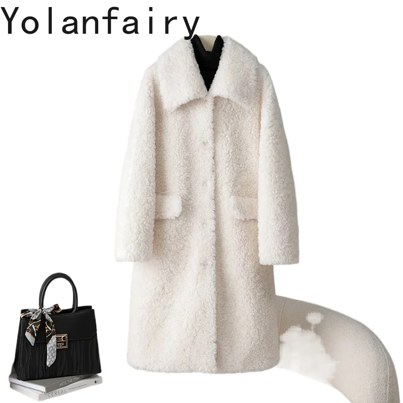 

YOLANFAIRY 100% Wool Coats for Women Winter 2025 Long Fur Coat Lapel Elegant White Sheep Shearing Jacket Woman Jaqueta Feminina