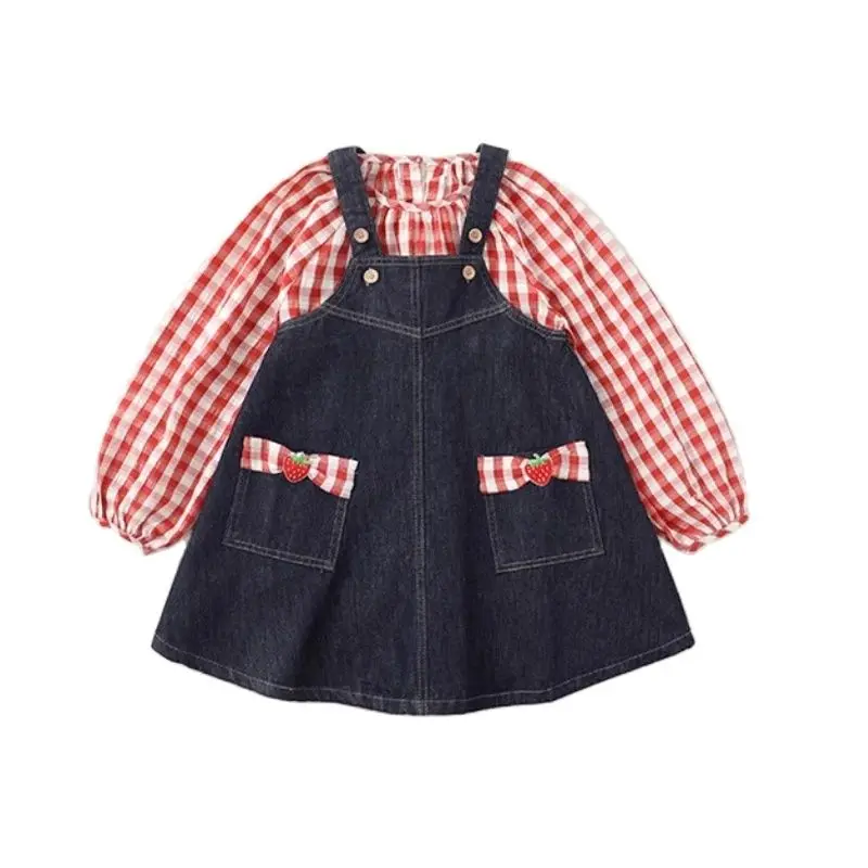 

Spring fall children Girls' Clothing Outfits Sets grid Shirt+Cowboy Strap Skirt suits for kids Girls' Clothes Baby Birthday sets