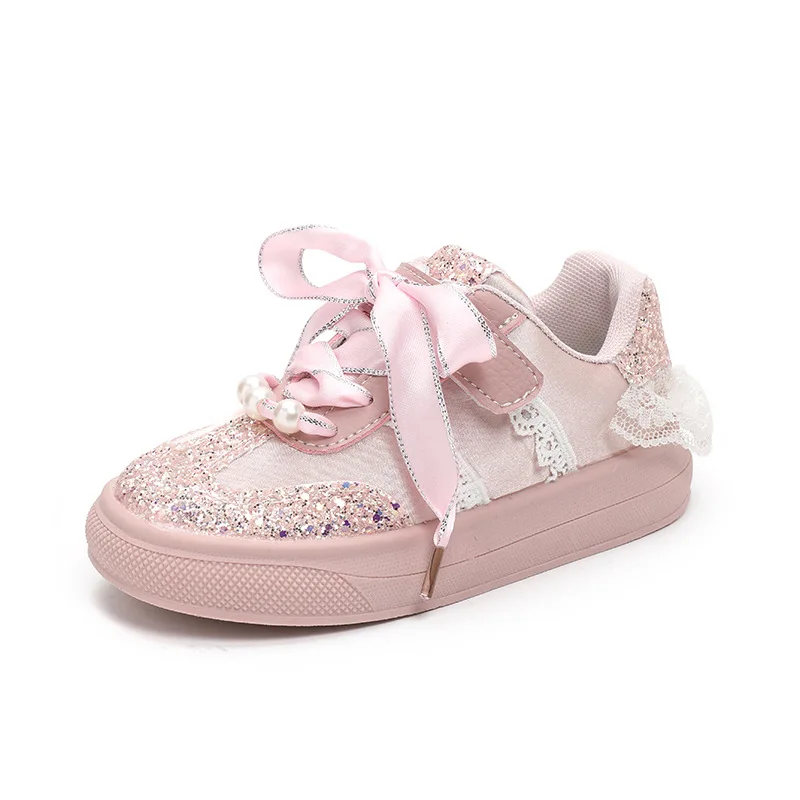 

2026 Spring Autumn New Girls Crystal Sequin Casual Shoes Anti-slip Soft Sole White Shoes Kids Lace-up Sneakers