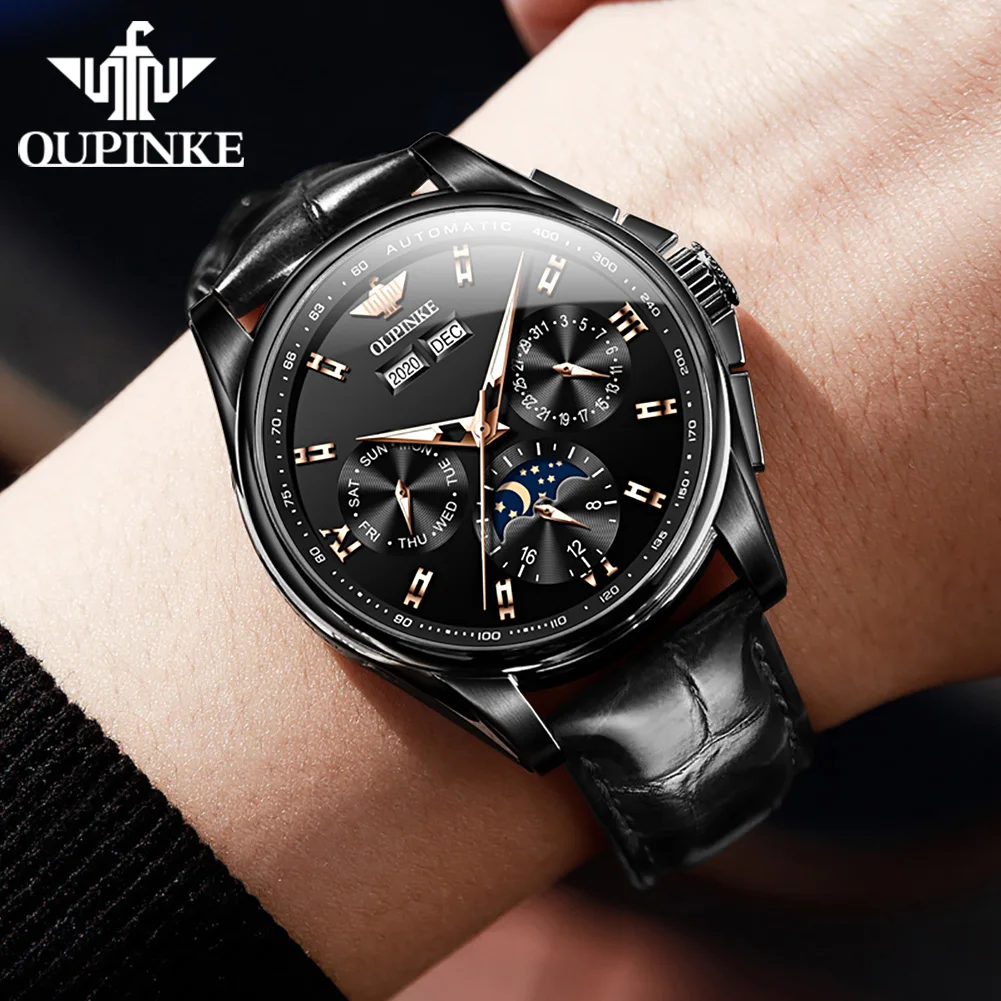 OUPINKE Genuine Men's Automatic Mechanical Watch Waterproof Calendar Sapphire Mirror Wristwatch Men's Watch Religio Masculino