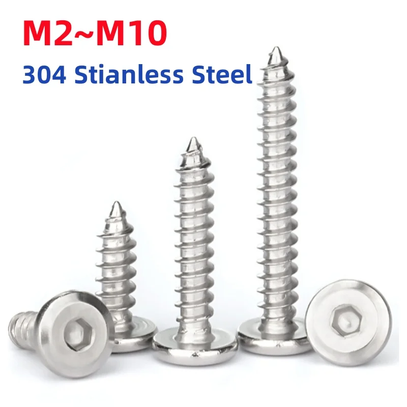M2~M10 304 Stianless Steel Hexagon Hex Socket Hypotenuse Flat Head Ultra Thin Flat Wafer Head Self Tapping Wood Screw