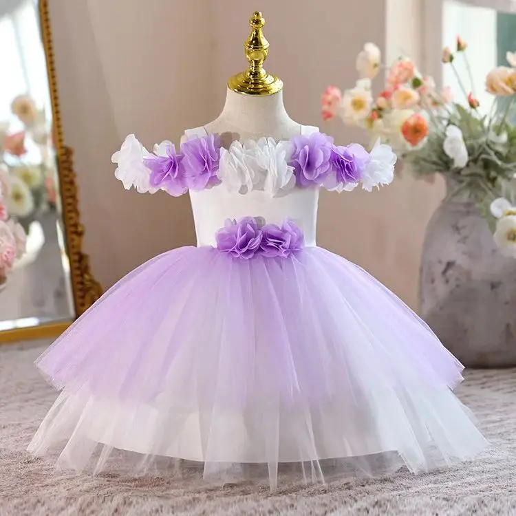 

Роскошное фиолетовое платье с объемным цветком для маленьких девочек, элегантное свадебное платье подружки невесты, костюм для девочек на первый день рождения, принц