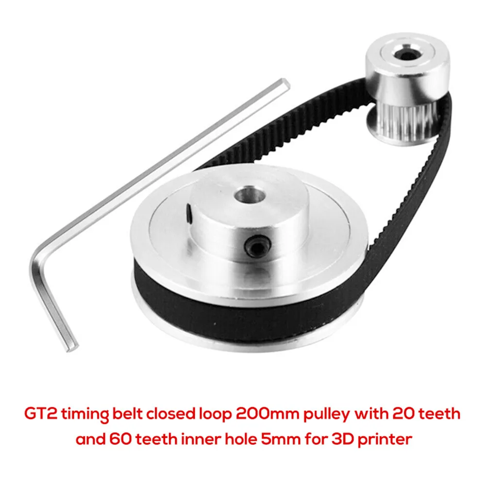 2GT 200mm Belt with 20T and 60T Aluminum Pulleys 5mm Aperture for 3D Printer Reprap MendelMax Synchronous Drive System
