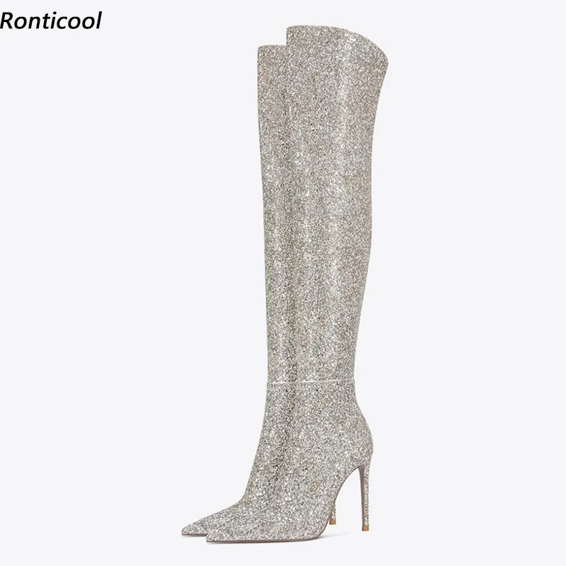 

Ronticool Handmade Women Winter Over The Knee Boots Glitter Sexy Stiletto Heels Pointed Toe Gold Silver Dress Shoes Us Size 5-13