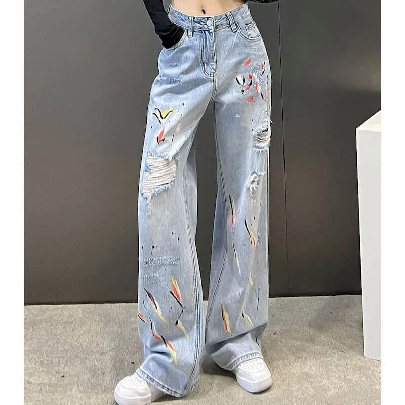 

Hole Women's Jeans Casual Y2k Women's Pants Streetwear Full Length High Waist Jean Denim Trousers Vintage Clothes Wide Leg Jeans