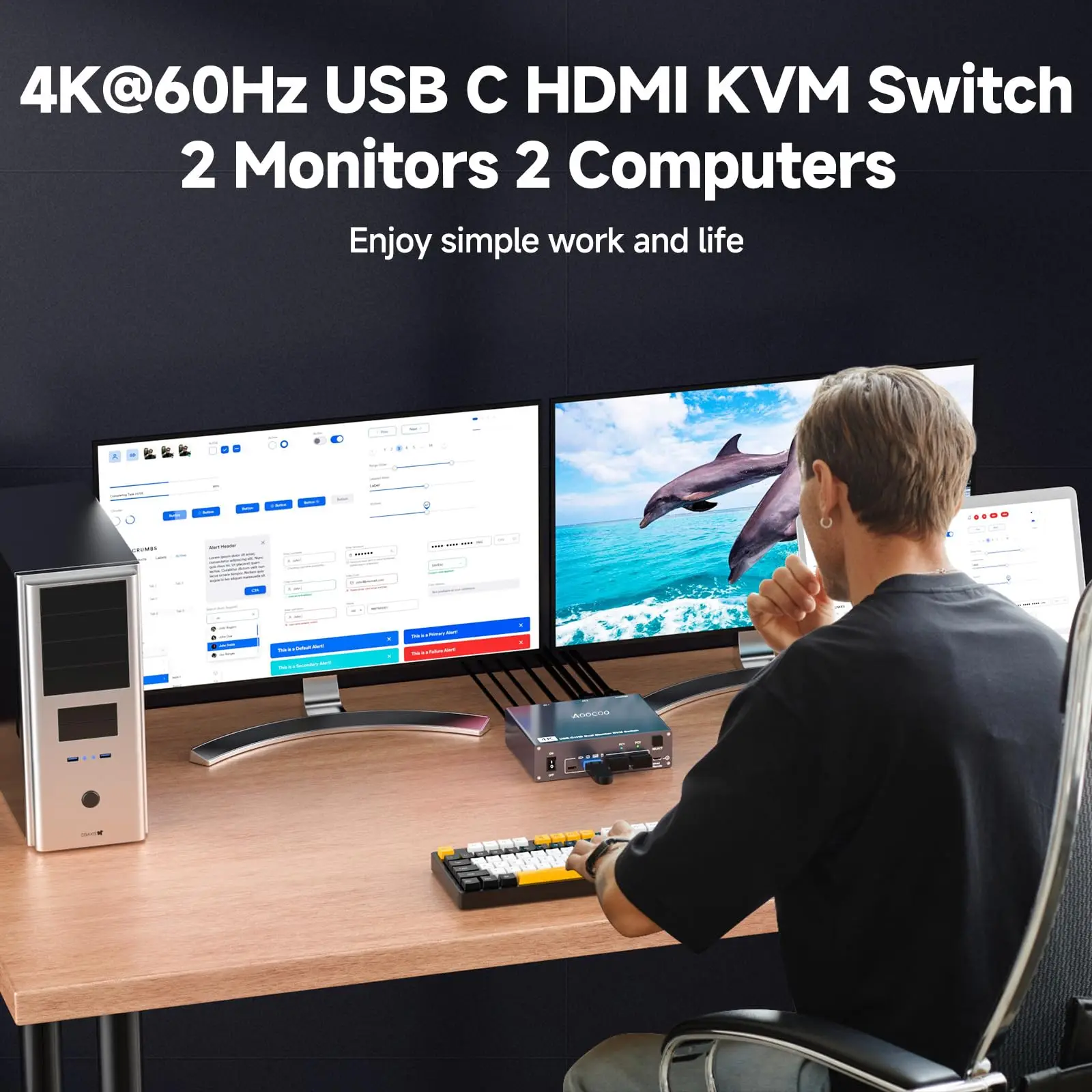 4K@60Hz USB C HDMI KVM Switch for 1 PC and 1 Laptop ,Dual Monitor Sharing 2 Monitor and 4 USB3.0 Devices, PD Power for Laptop - Image 5