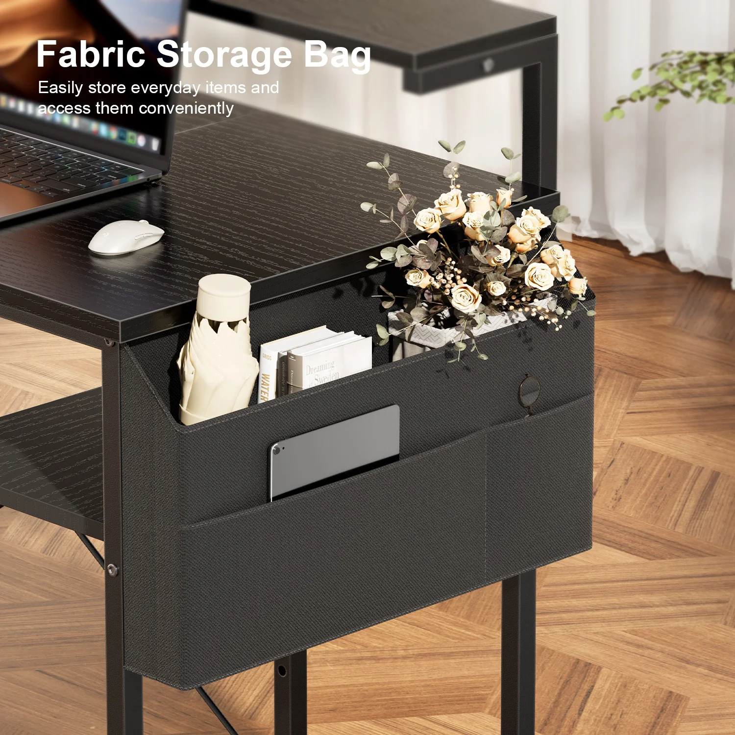 100/120cm Bürotisch, Computertisch mit LED und Monitorständer, 2 Ablagen und Aufbewahrungstasche PC-Tisch für Studium und Schlafzimmer – Detail 2