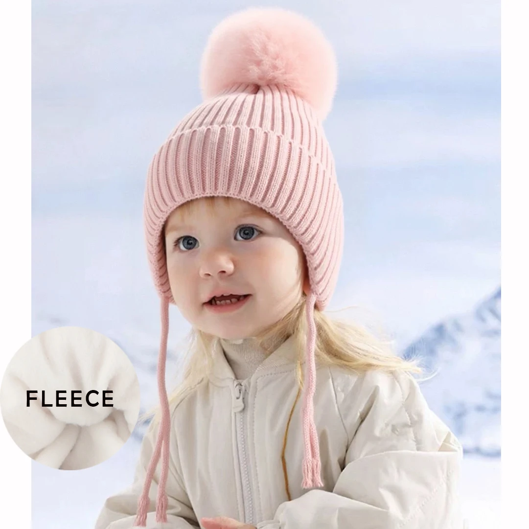 

Winter High Quality Wool Knitted Beanie Hat Children Real Fox Fur Ball Hats Kids Boy Girl Baby Ear Protection Outdoor Warm Cap