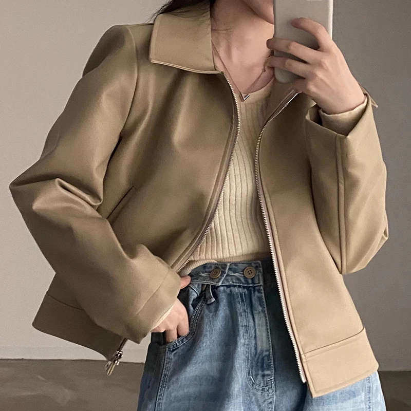 Stylowy, vintage'owy motocyklowy płaszcz damski z PU skóry, zapinany na zamek, luźny, uniwersalny, idealny na dojazdy do pracy, chroniący przed wiatrem, dla dziewcząt w wieku 8-24 lat.