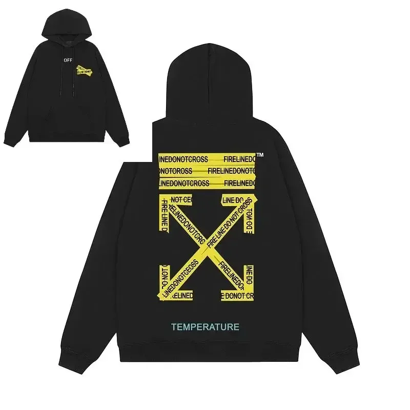 Trend OFF Cordon Yellow Stripe Arrow Hooded Sweater WHITE Men's and Women's Hoodies OW Autumn and Winter Jacket Top