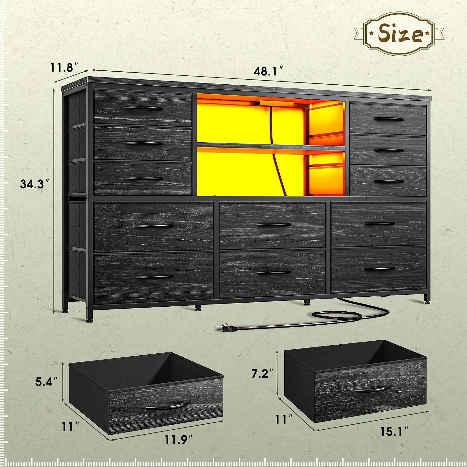 12 Drawers Dresser TV Stand for 50/55 Inch TV,Black Wood Grain, Customized